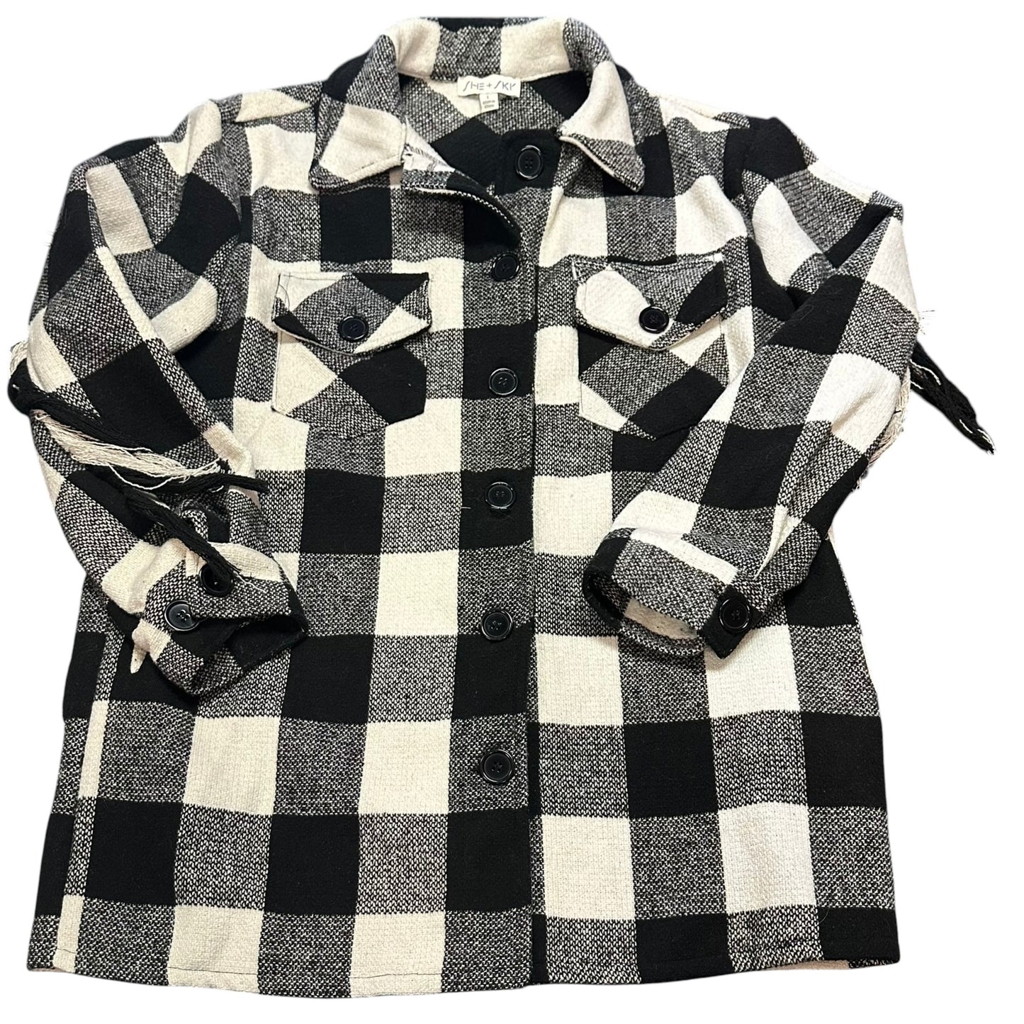 SHE + SKY WHITE BLACK BUFFALO PLAID FRINGE SHACKET 100 LARGE