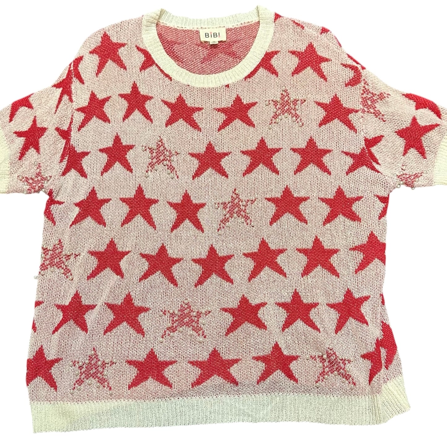 BIBI RED WHITE STAR THIN KNIT SWEATER PEARLS 100 MEDIUM