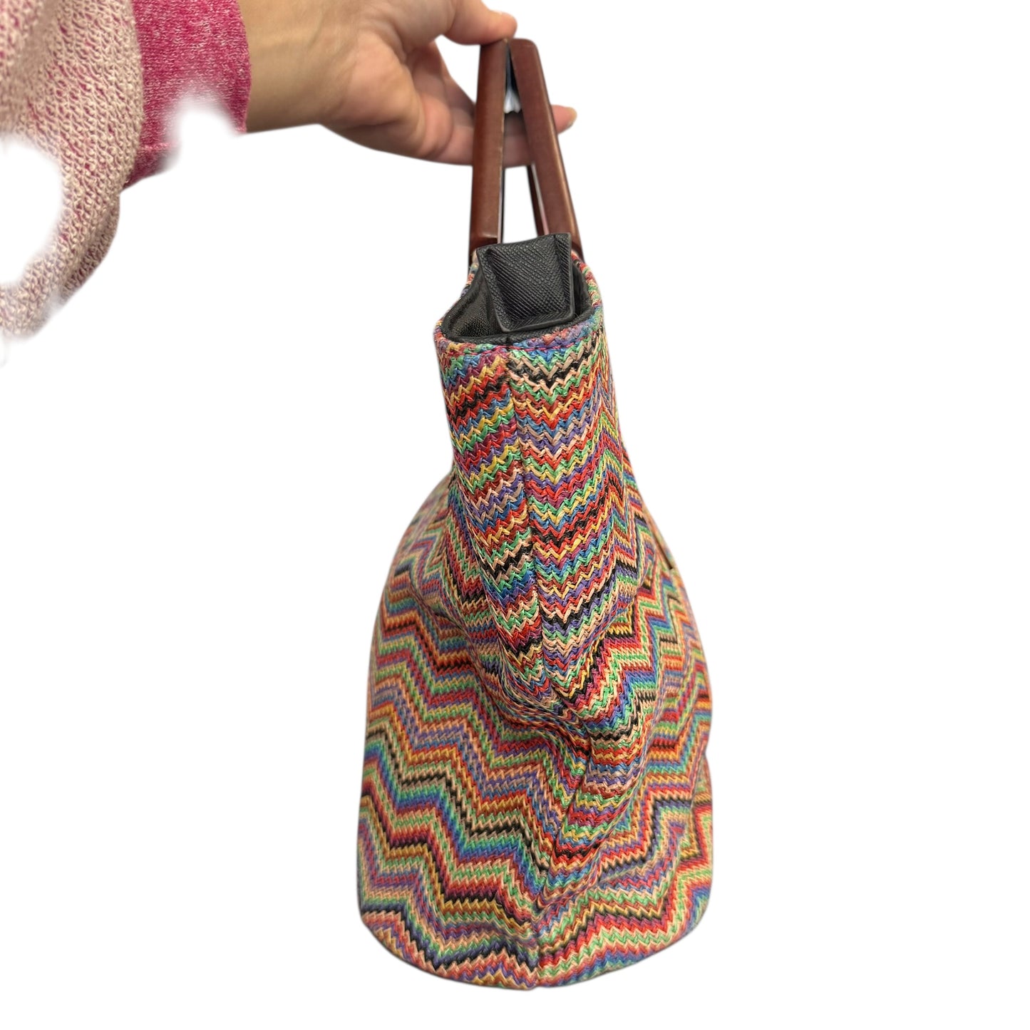 COLORFUL CHEVRON WOVEN HANDBAG HEXAGON WOODEN HANDLE 258 OS