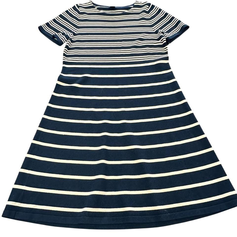 ANN TAYLOR NAVY BEIGE KNIF FIT FLARE DRESS 100 LARGE