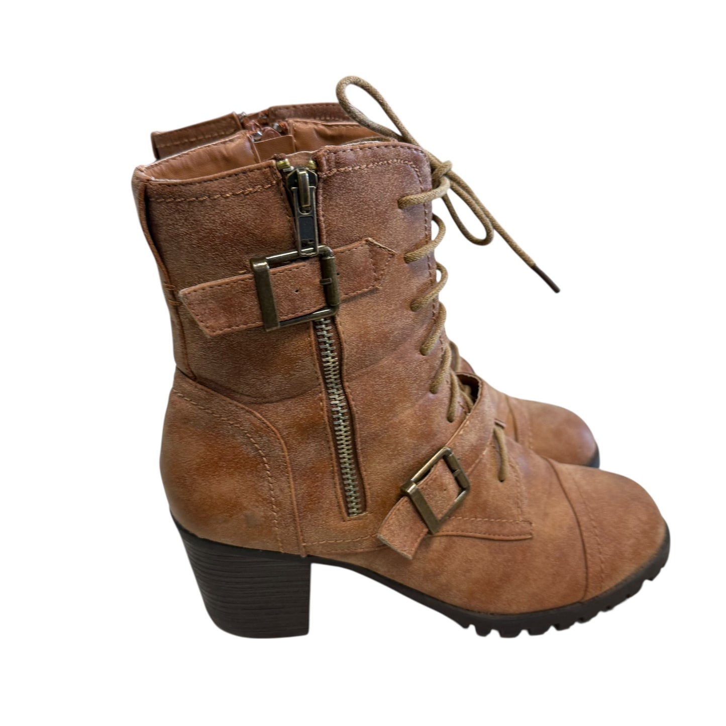 BAMBOO BAXTER CHUNKY HEEL BOOTIES TAN 100 SZ 10