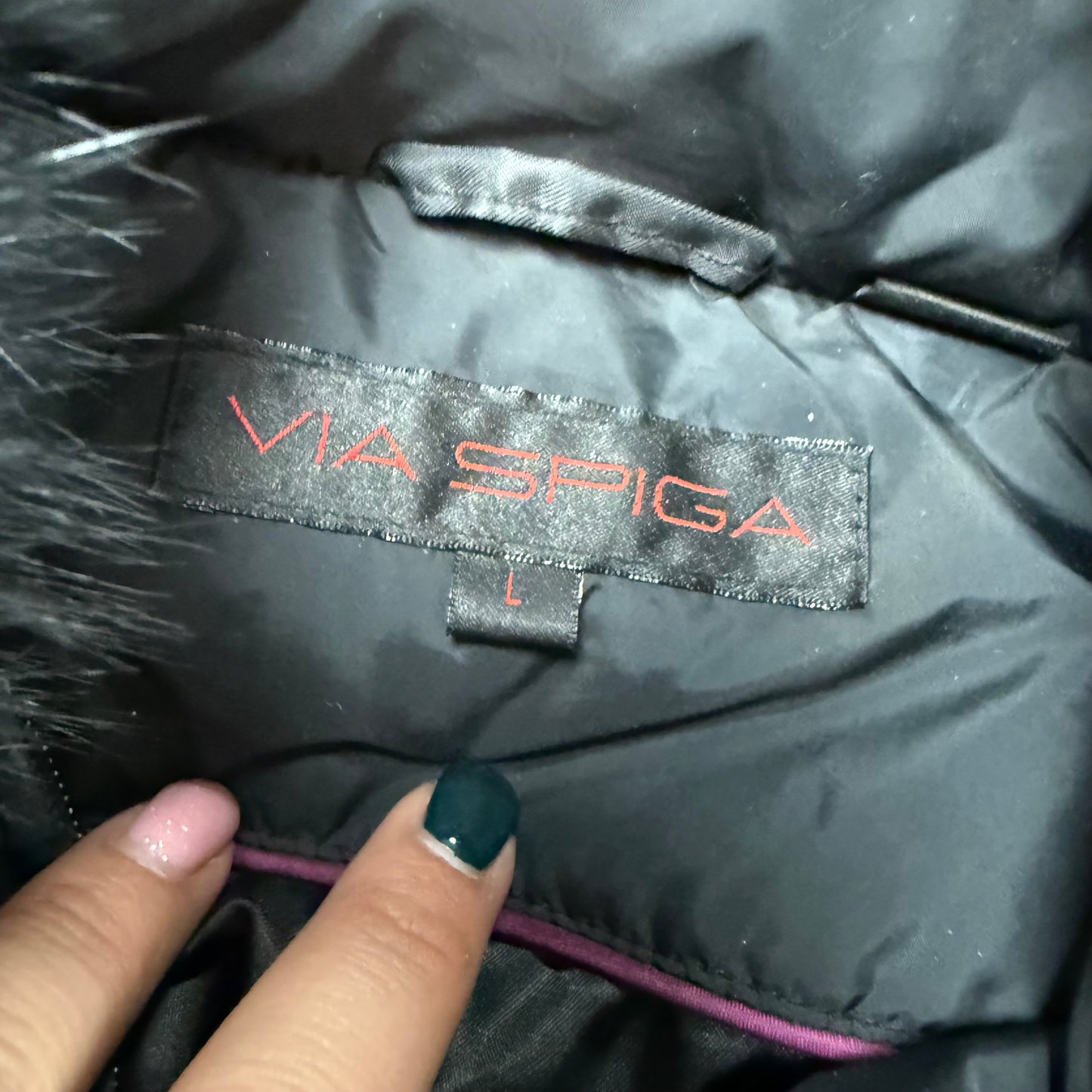 VIA SPIGA BLACK PUFFER JACKET HOODED 100 LARGE
