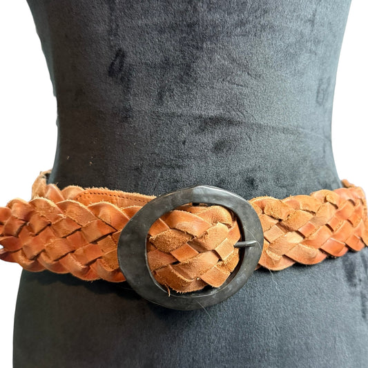 WIDE BRAIDED BROWN LEATHER BELT DARK ROUND BUCKLE 100 SMALL
