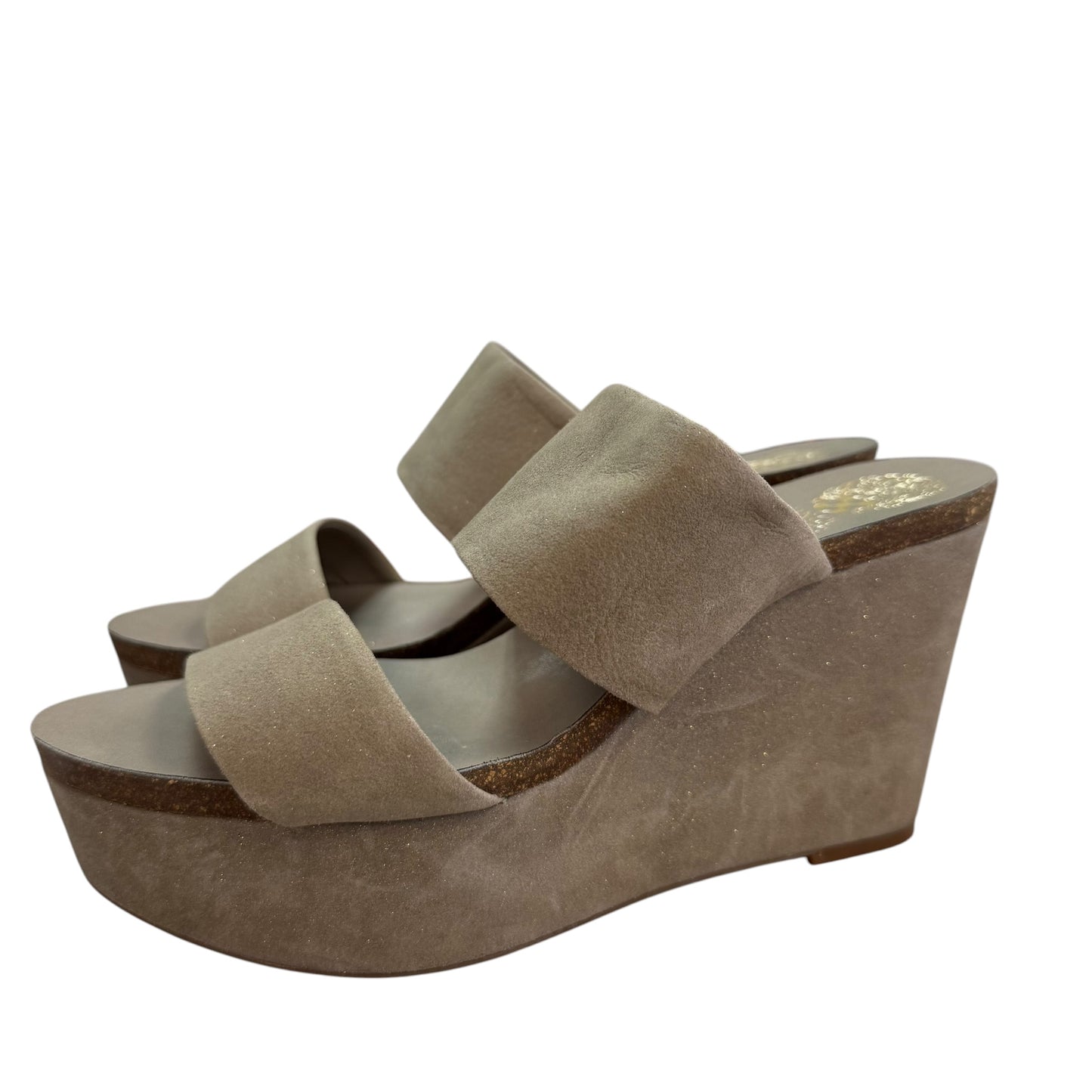 VINCE CAMUTO TAUPE WEDGES GOLD SPECS LEATHER 84 SZ 9