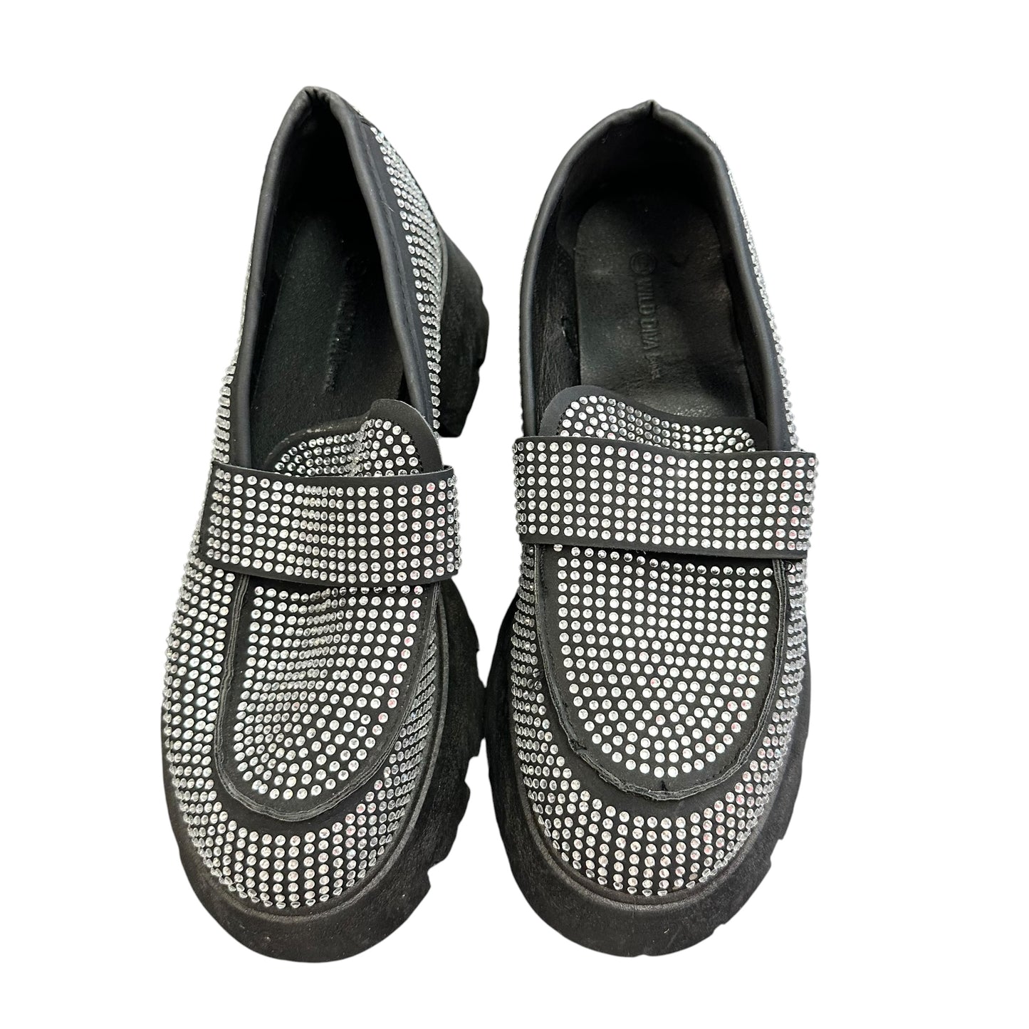 WILD DIVA BLACK PLATFORM LOAFERS RHINESTONES 100 SZ 9 **