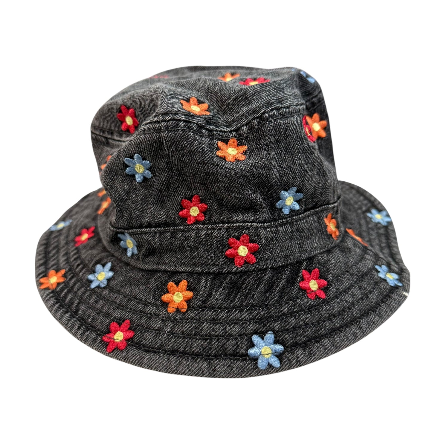 BLACK DENIM EMBROIDERED FLORAL BUCKET HAT 100