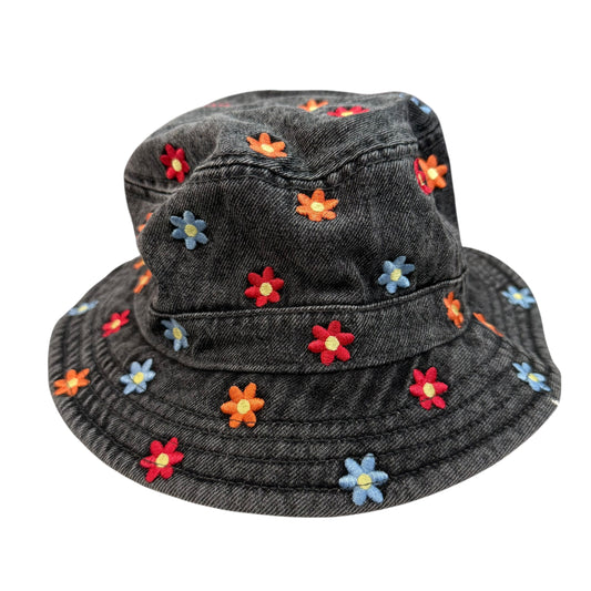 BLACK DENIM EMBROIDERED FLORAL BUCKET HAT 100