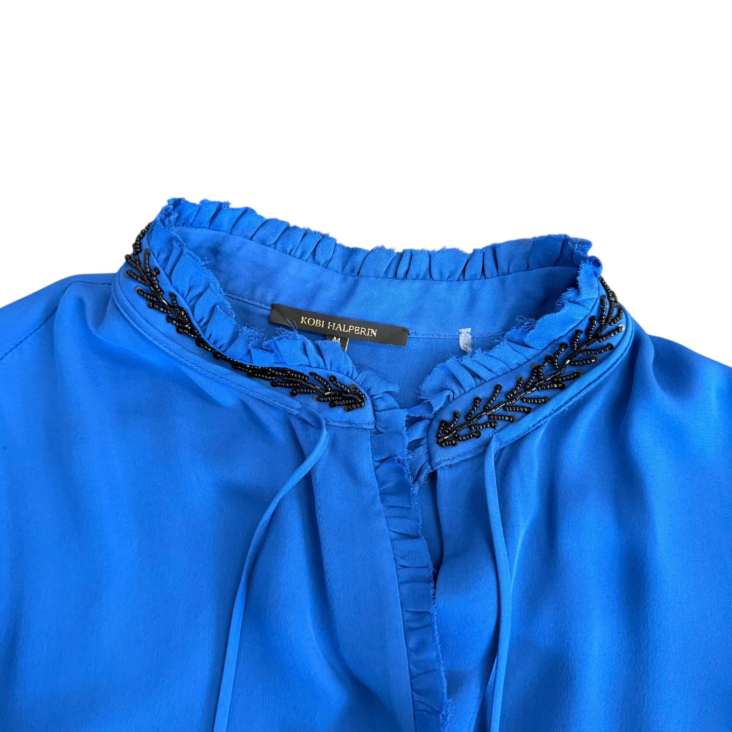 KOBI HALPERIN BLUE SILK BLOUSE BLACK BEADED MARGO 255 MEDIUM
