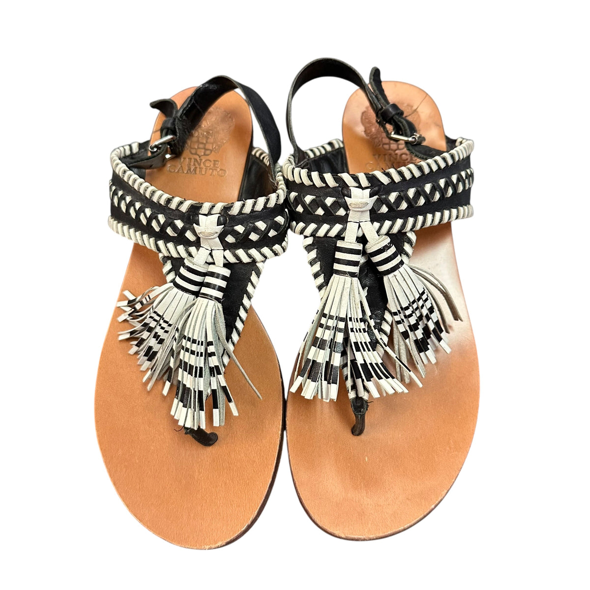 VINCE CAMUTO REBEKA TASSEL BLACK WHITE LEATHER SANDALS 126 SZ 7.5