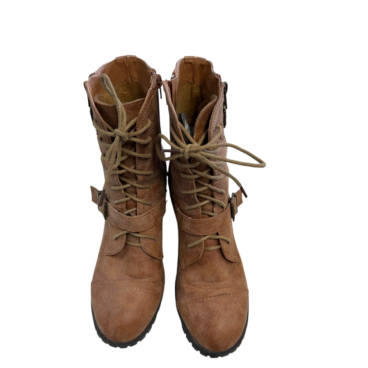 BAMBOO BAXTER CHUNKY HEEL BOOTIES TAN 100 SZ 10