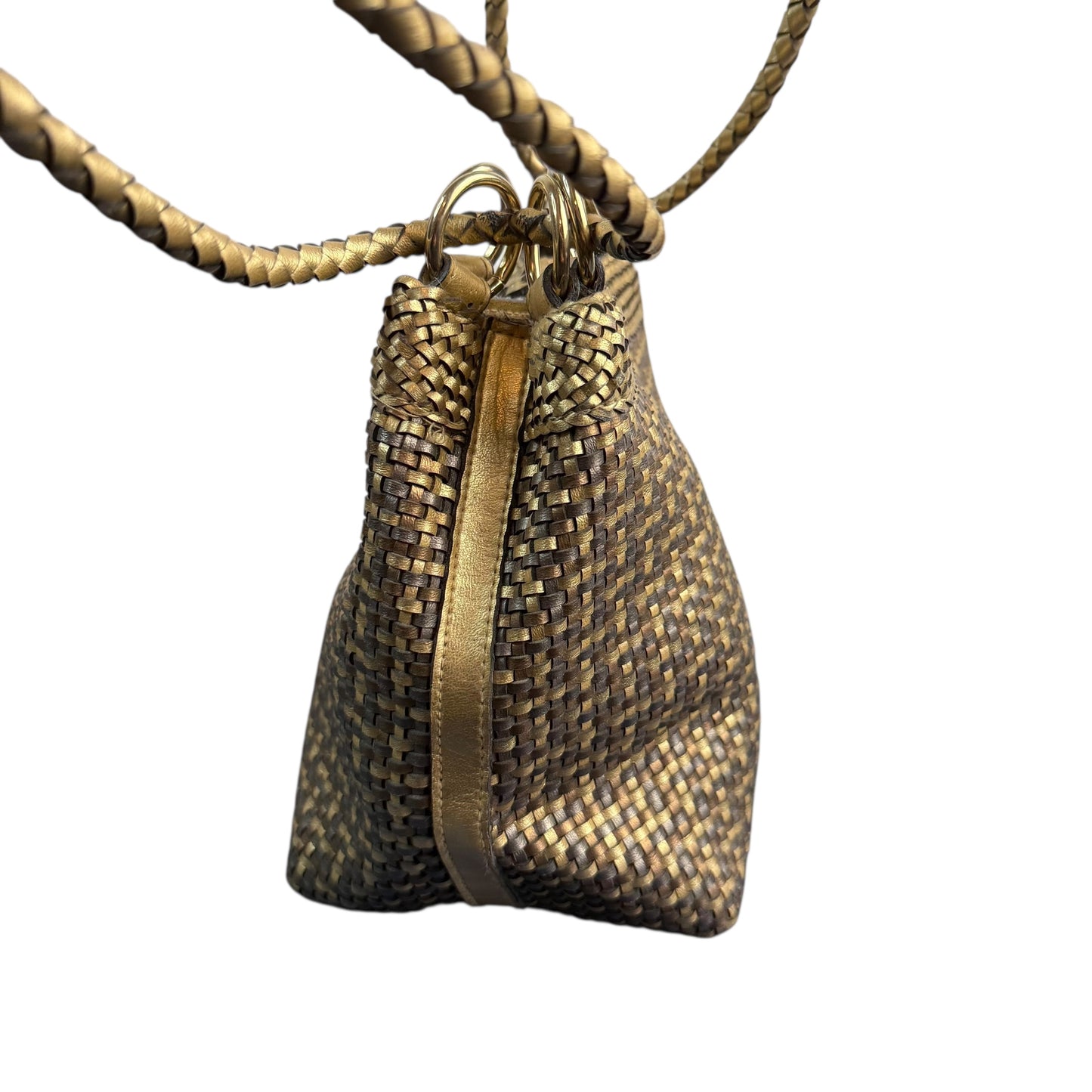 VINTAGE METALLIC GOLD BRONZE WOVEN FAUX LEATHER HANDBAG 100