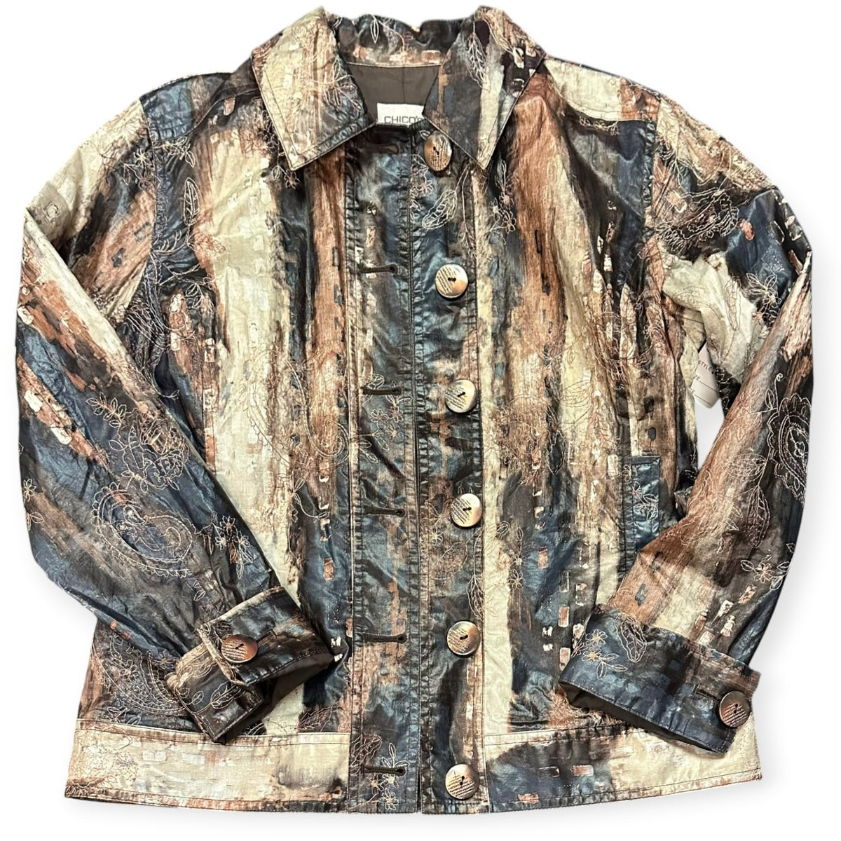 CHICOS BROWN BEIGE EMBROIDERED LIGHT WEIGHT JACKET 115 SMALL