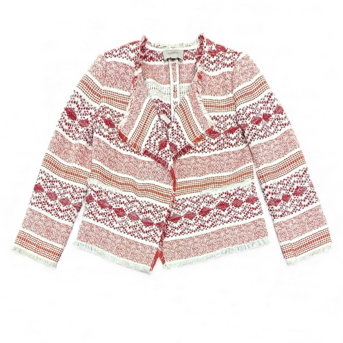 LOFT FIESTA WOVEN FRINGE OPEN FRONT BLAZER JACKET RED WHITE 115 SMALL