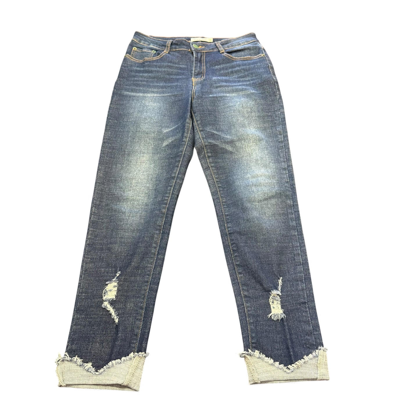 TICKLED TEAL DARK DENIM BLUE JEANS CUFF DISTRESSED 100 SMALL