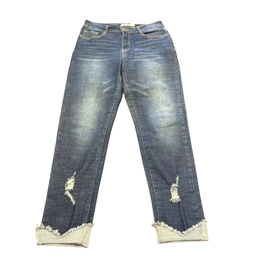 TICKLED TEAL DARK DENIM BLUE JEANS CUFF DISTRESSED 100 SMALL