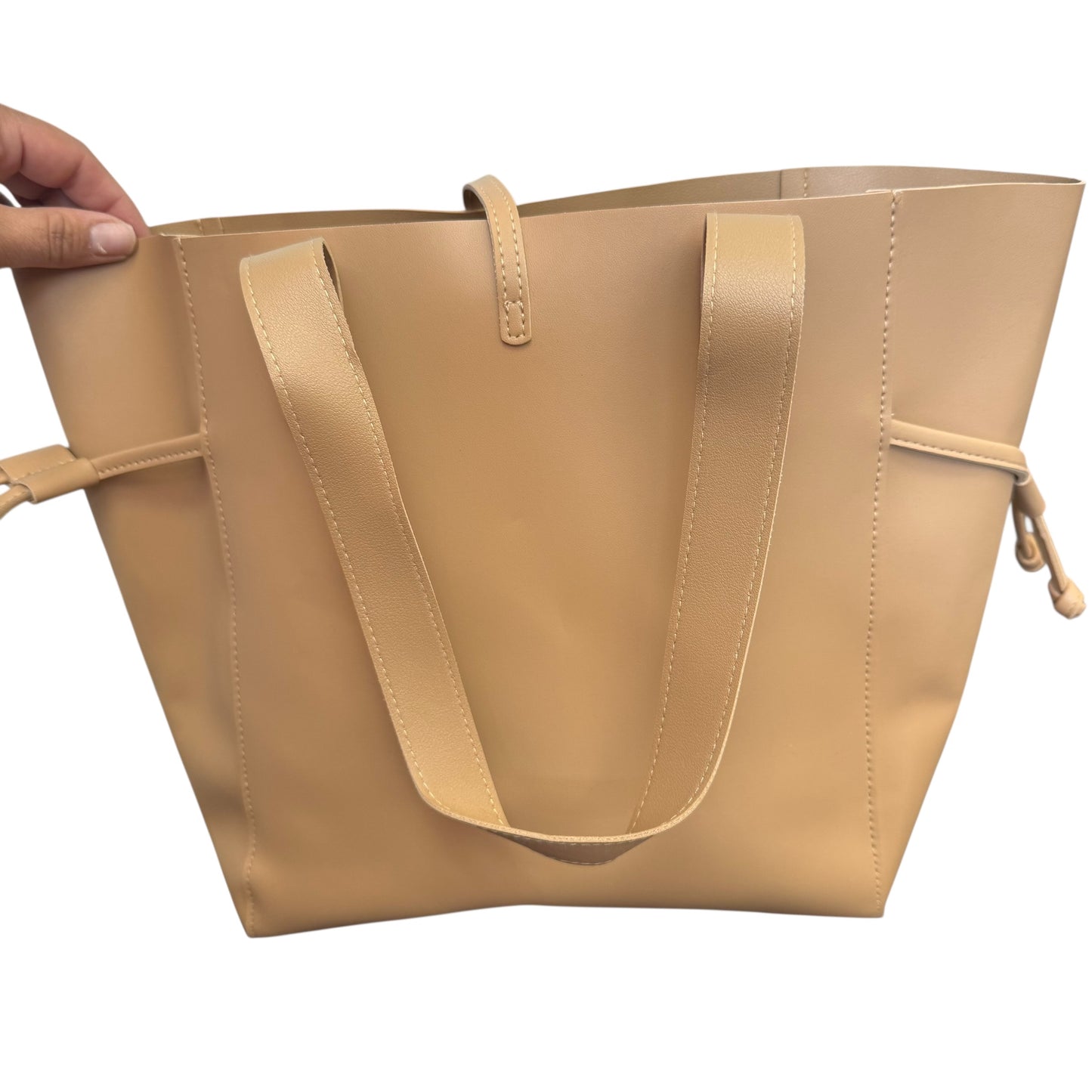 BEIGE FAUX LEATHER SHOULDER BAG TOTE OS