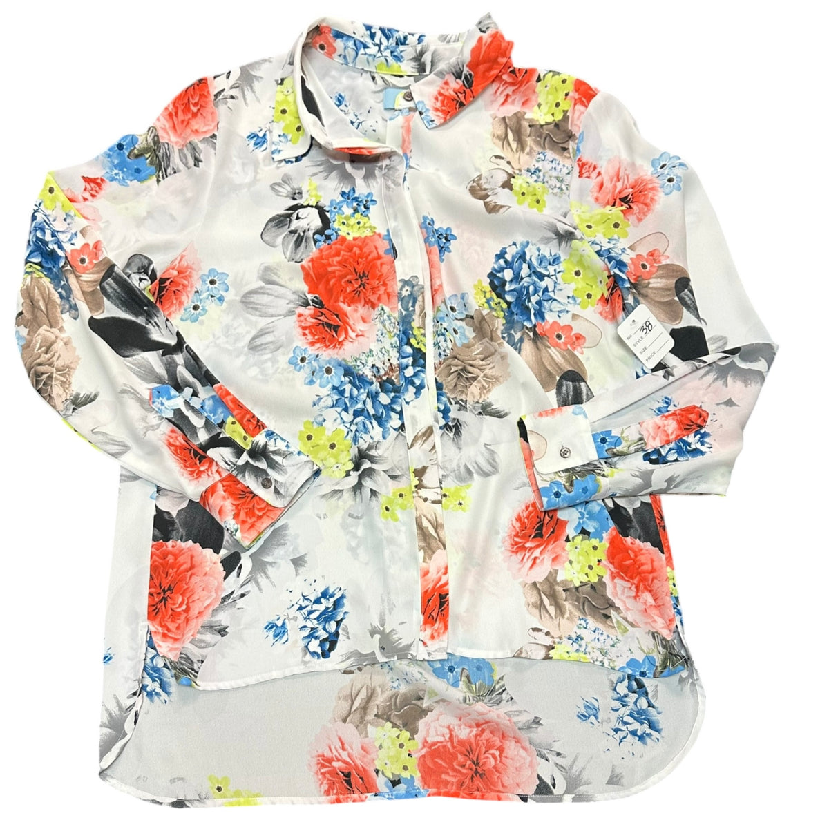 CECE WHITE FLORAL SEMI SHEER BUTTON UP BLOUSE 38 MEDIUM
