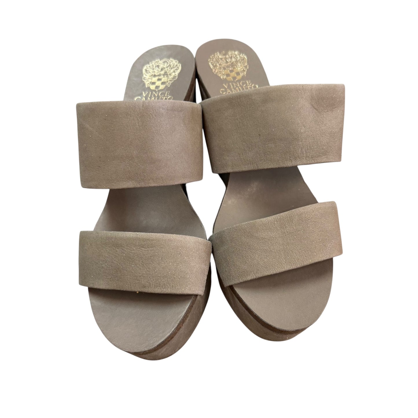 VINCE CAMUTO TAUPE WEDGES GOLD SPECS LEATHER 84 SZ 9
