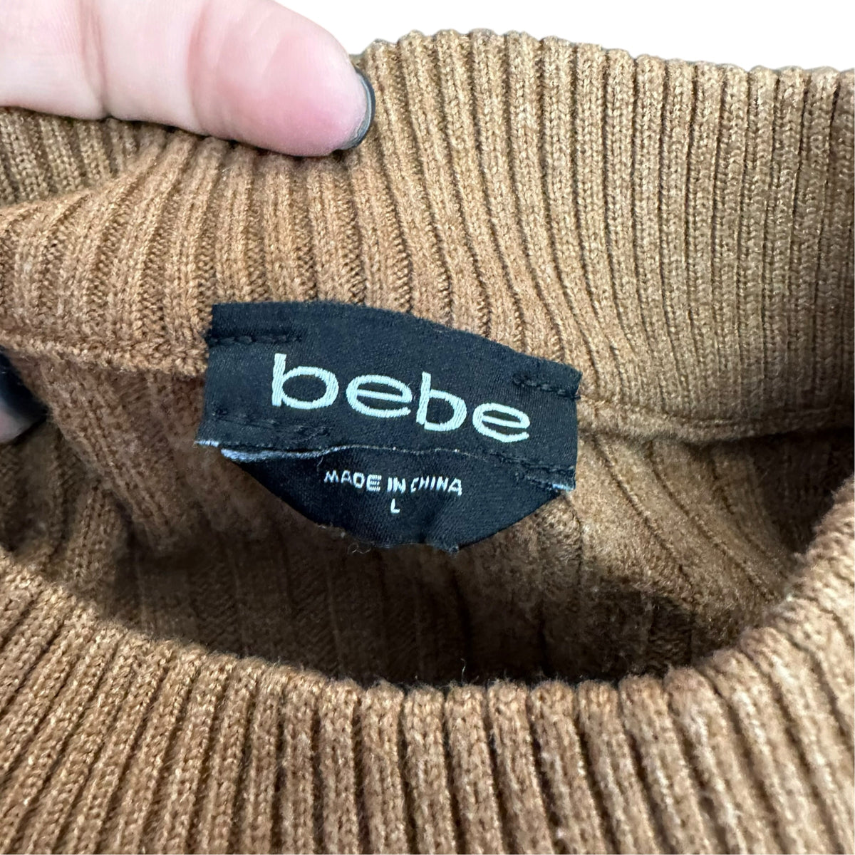 BEBE BROWN RIBBED SWEATER RHINESTONE LOGO Y2K 289 LARGE **