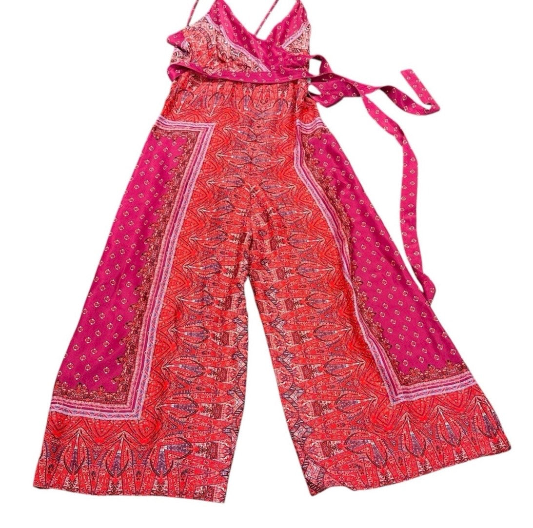 FREE PEOPLE ROSE PINK BOHO JUMPSUIT CROPPED WIDE LEG SZ 8