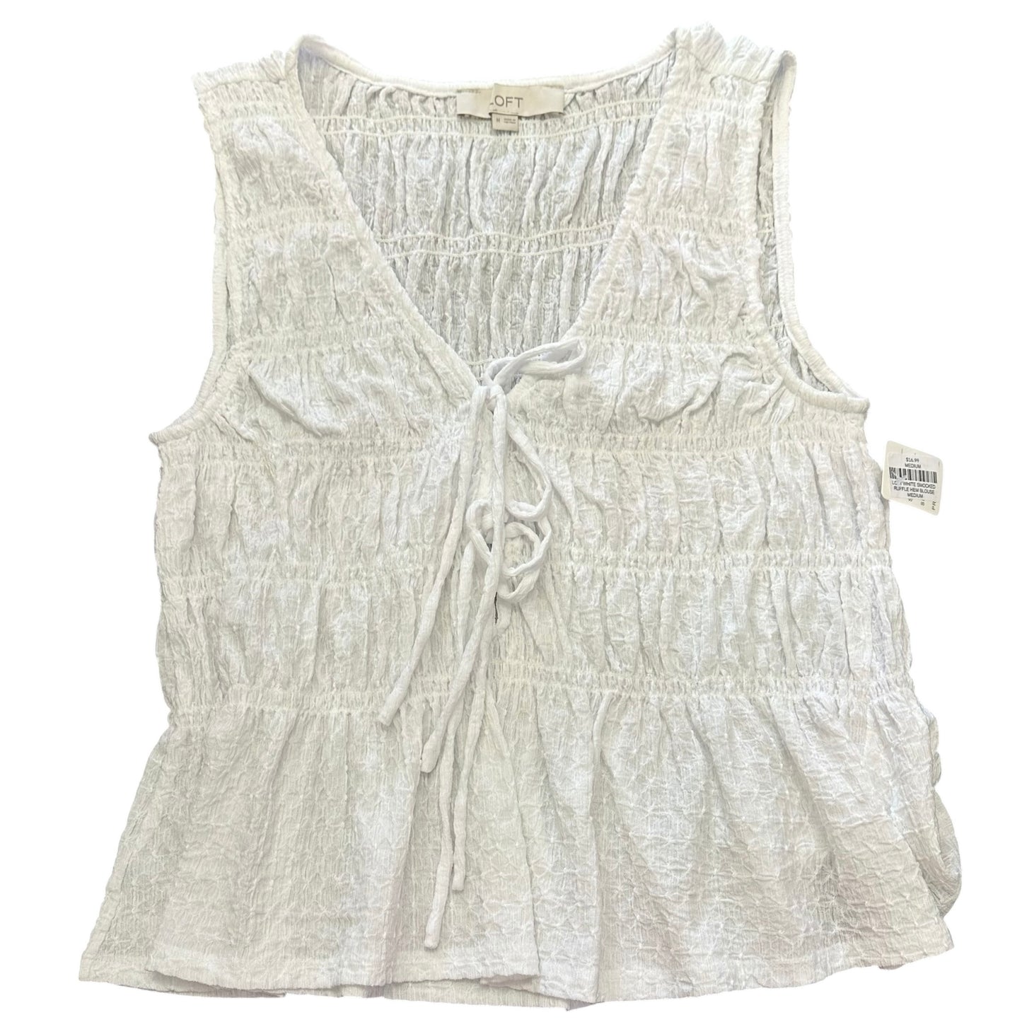 LOFT WHITE SMOCKED RUFFLE HEM BLOUSE MEDIUM