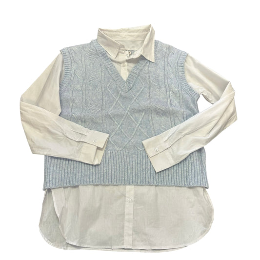 SINCERELY JULES WHITE BLOUSE BLUE SWEATER VEST 6 MEDIUM