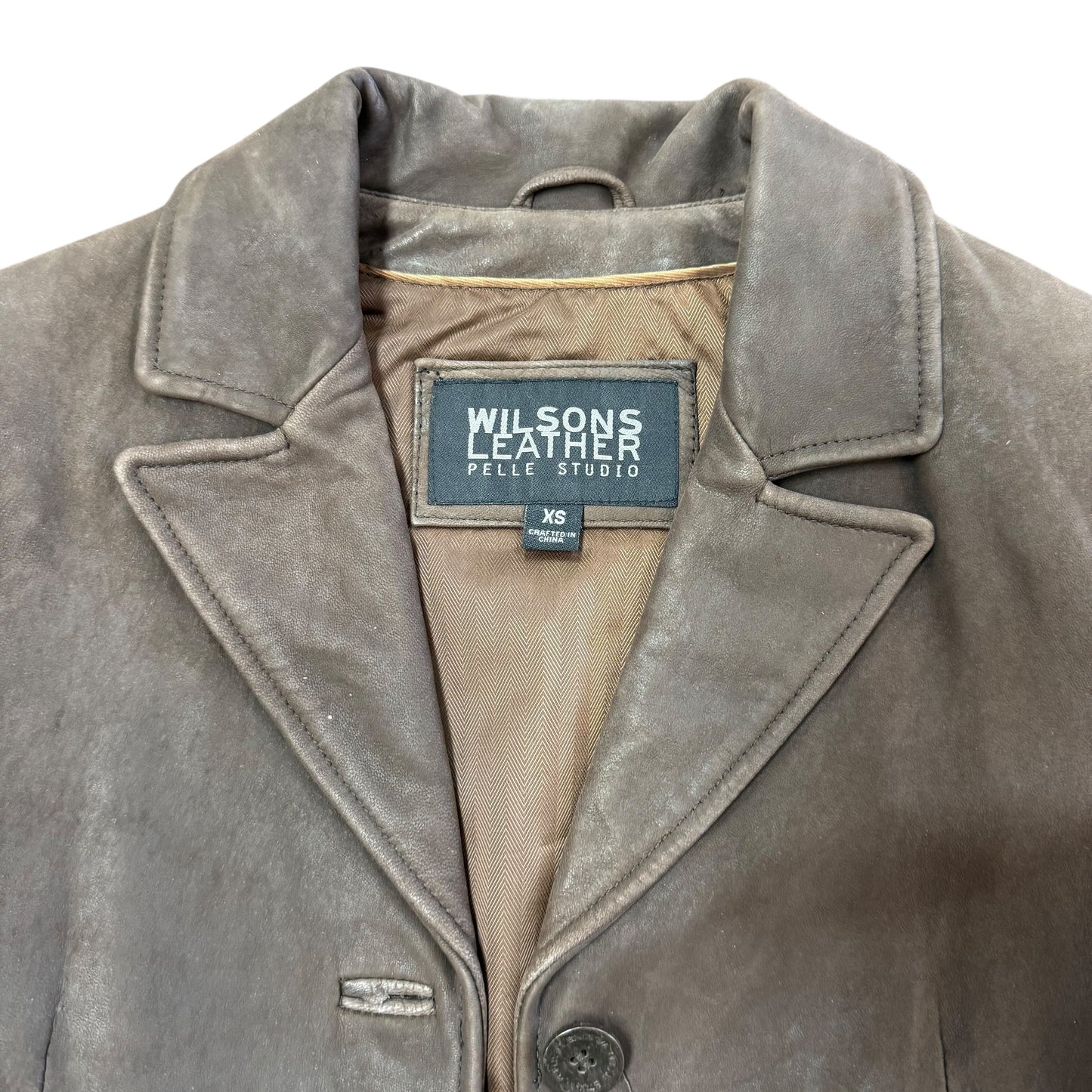 WILSONS LEATHER PELLE STUDIO THREE BUTTON BLAZER BROWN LEATHER 100 XS