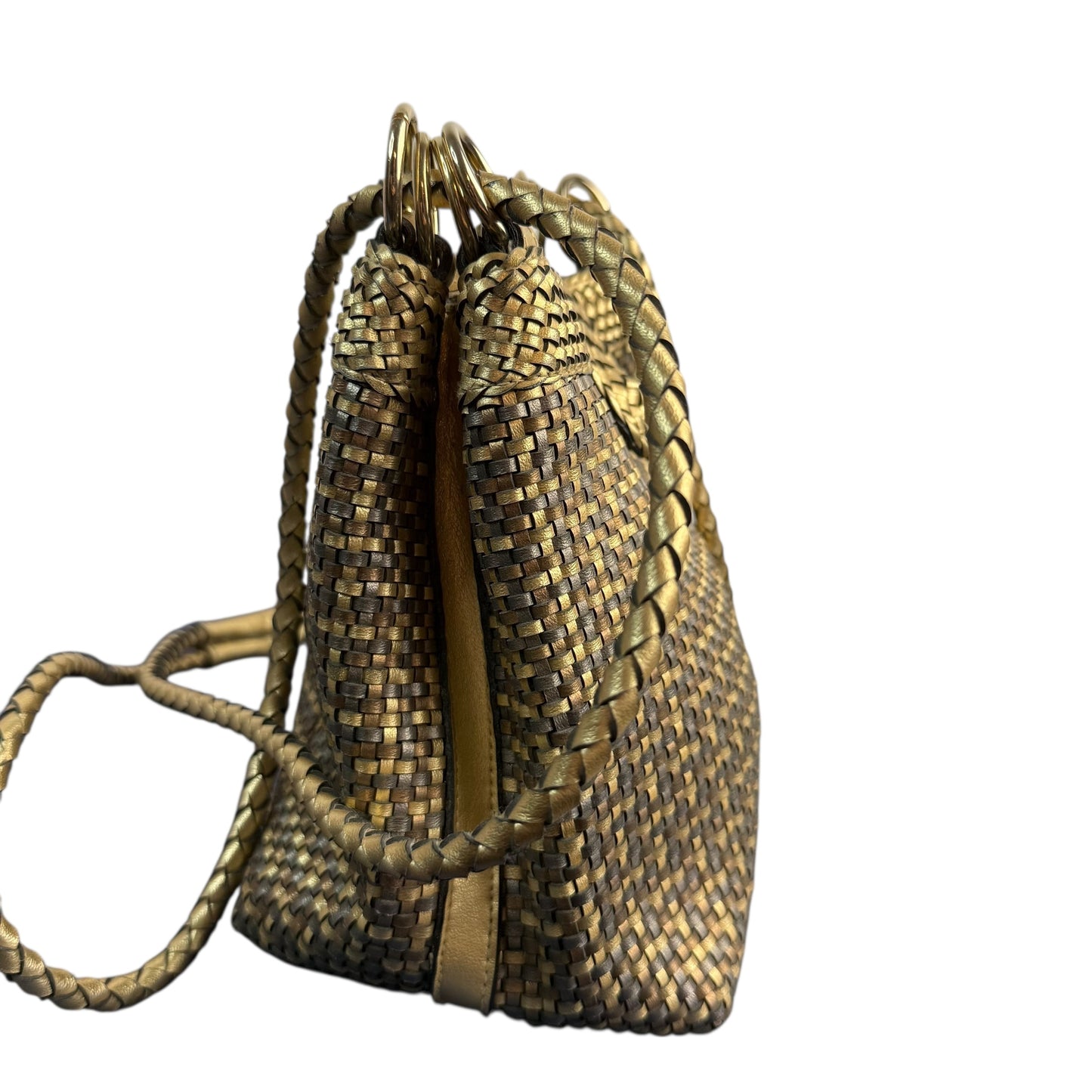 VINTAGE METALLIC GOLD BRONZE WOVEN FAUX LEATHER HANDBAG 100