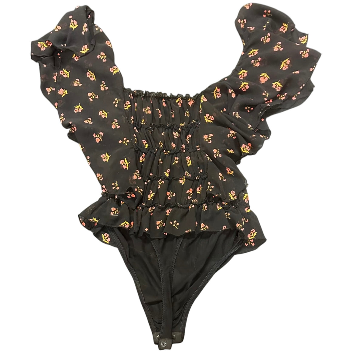 FREE PEOPLE INTIMATELY BLACK FLORAL SEMI SHEER BODYSUIT 100 SMALL