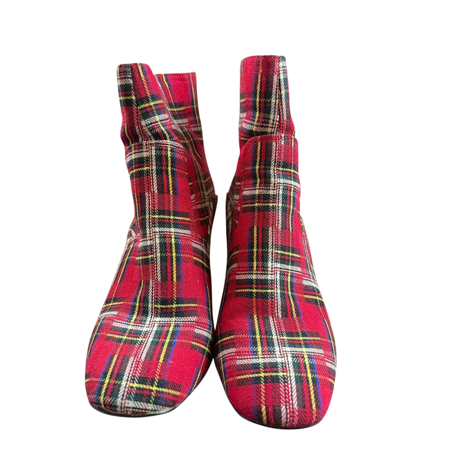 RED PLAID ANKLE BOOTIES EMBELLISHED SQUARE HEEL 248 SZ 7