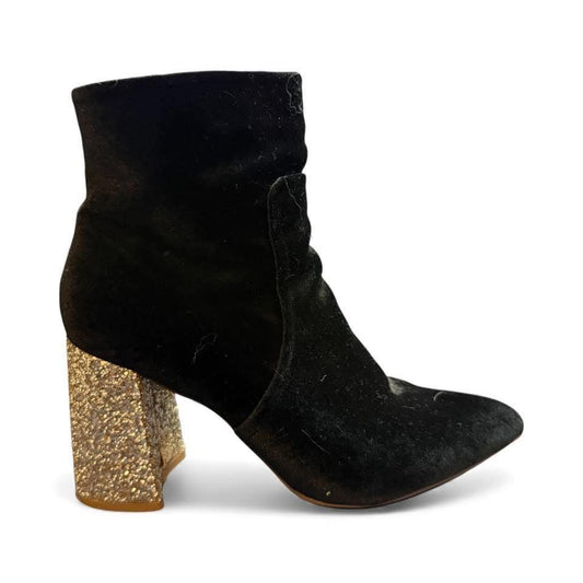 BETSEY JOHNSON KACEY BLACK VELVET BOOTIE W GOLD GLITTER BLOCK HEEL SZ 8.5