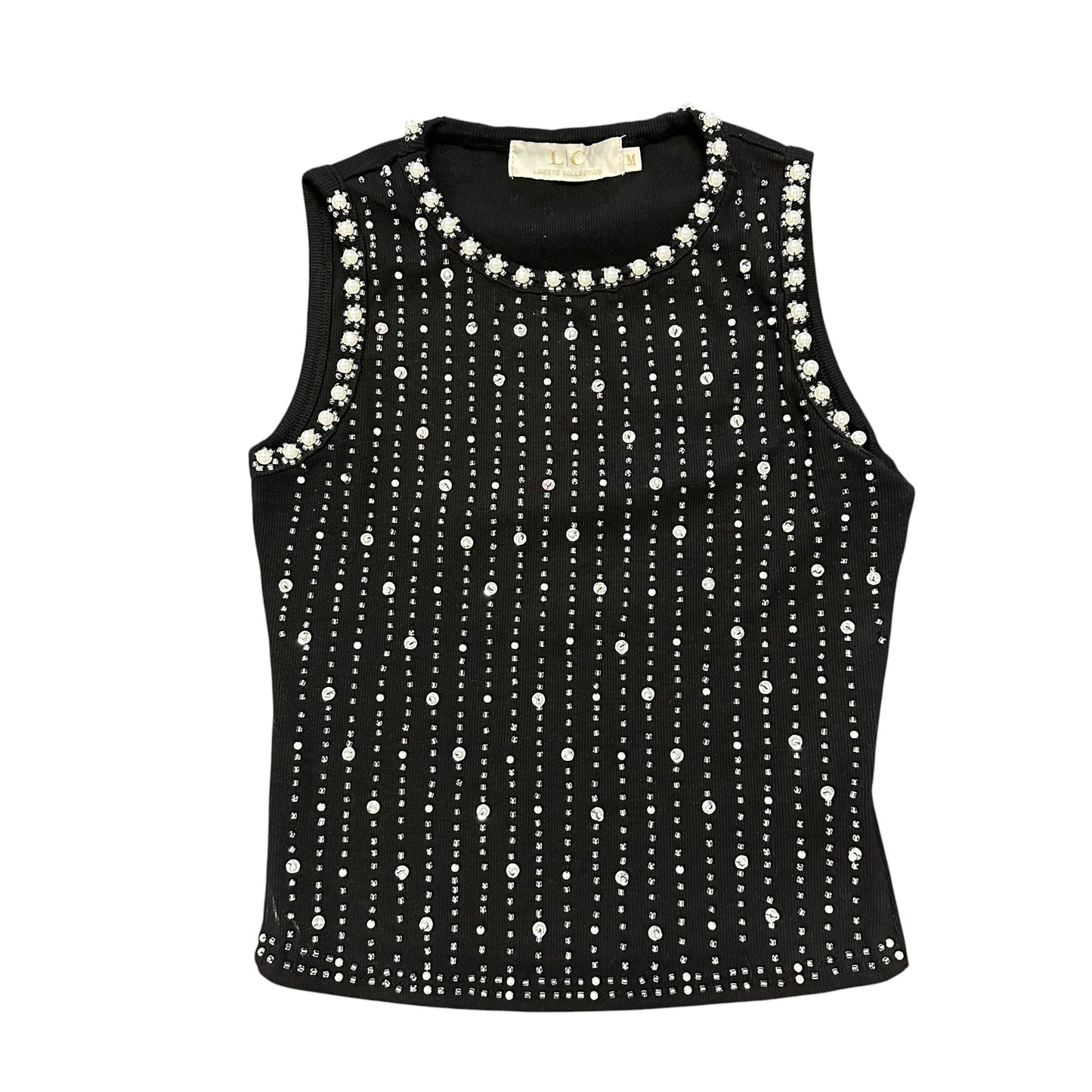 LC LIZETTE COLLECTION BLACK KNIT BLOUSE PEARLS BEADED 100 MEDIUM