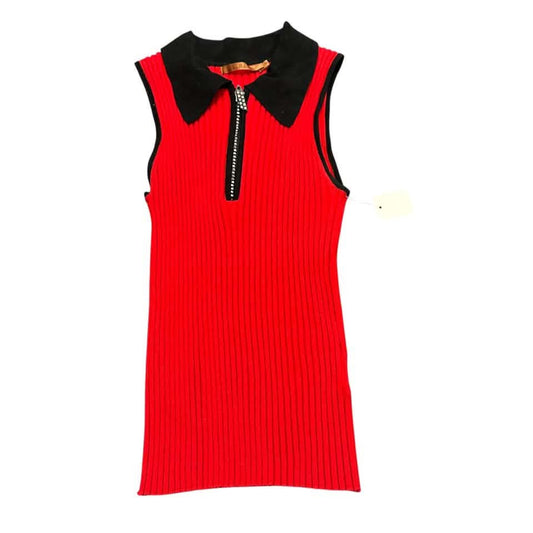 BELLDINI RED RIBBED KNIT BLOUSE COLLARED RHINESTONE 282 MEDIUM