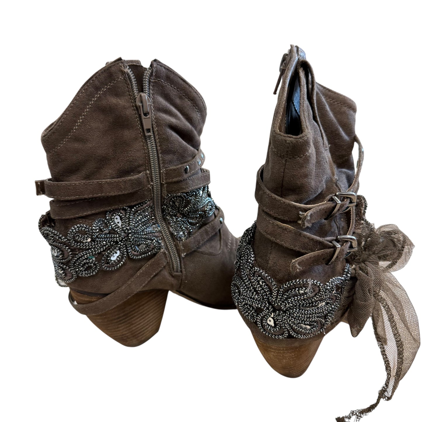 NOT RATED FAUX SUEDE BROWN SLOUCHY BOOTIES EMBELLISHED 219 SZ 9.5
