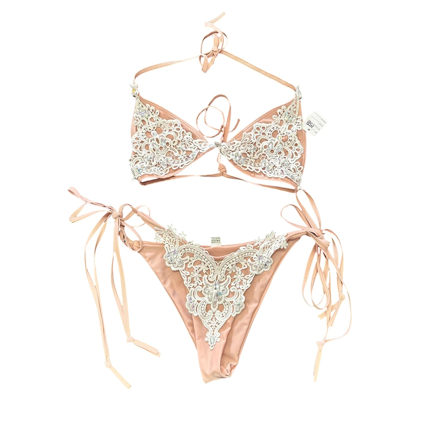 PINK CROCHET RHINESTONE BIKINI 158 M/L