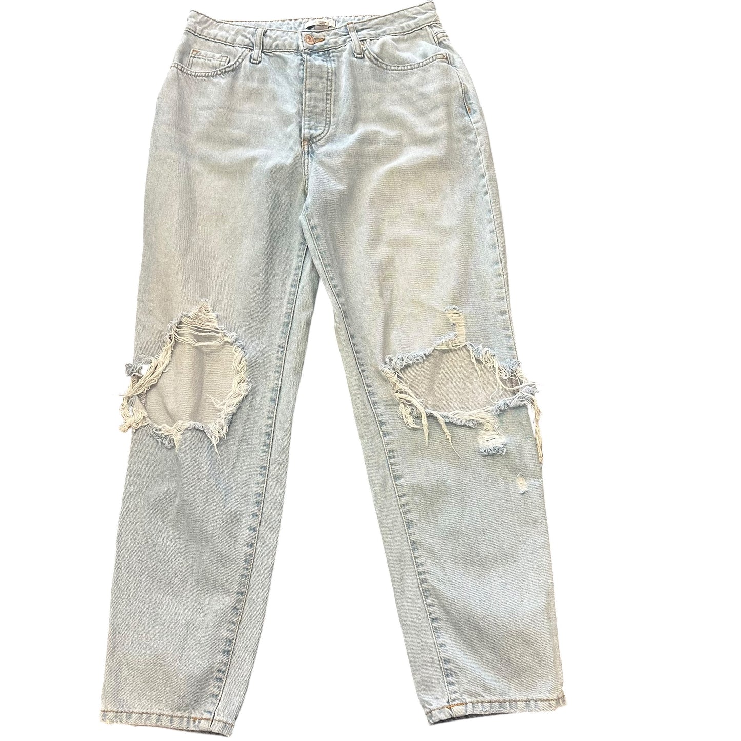 FOREVER 21 BLUE DENIM JEANS HIGH WAISTED STRAIGHT DISTRESSED 100 SZ 28