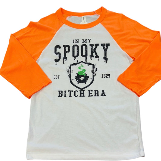 IN MY SPOOKY ORANGE WHITE RAGLAND SHIRT 100 NWOT SMALL