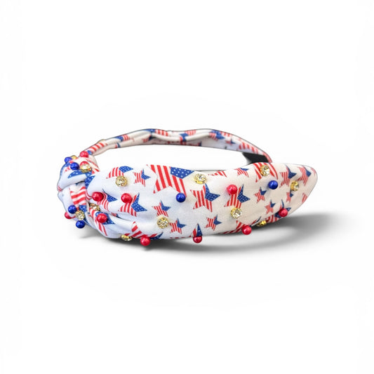 WHITE USA STAR HEADBAND EMBELLISHED NEW