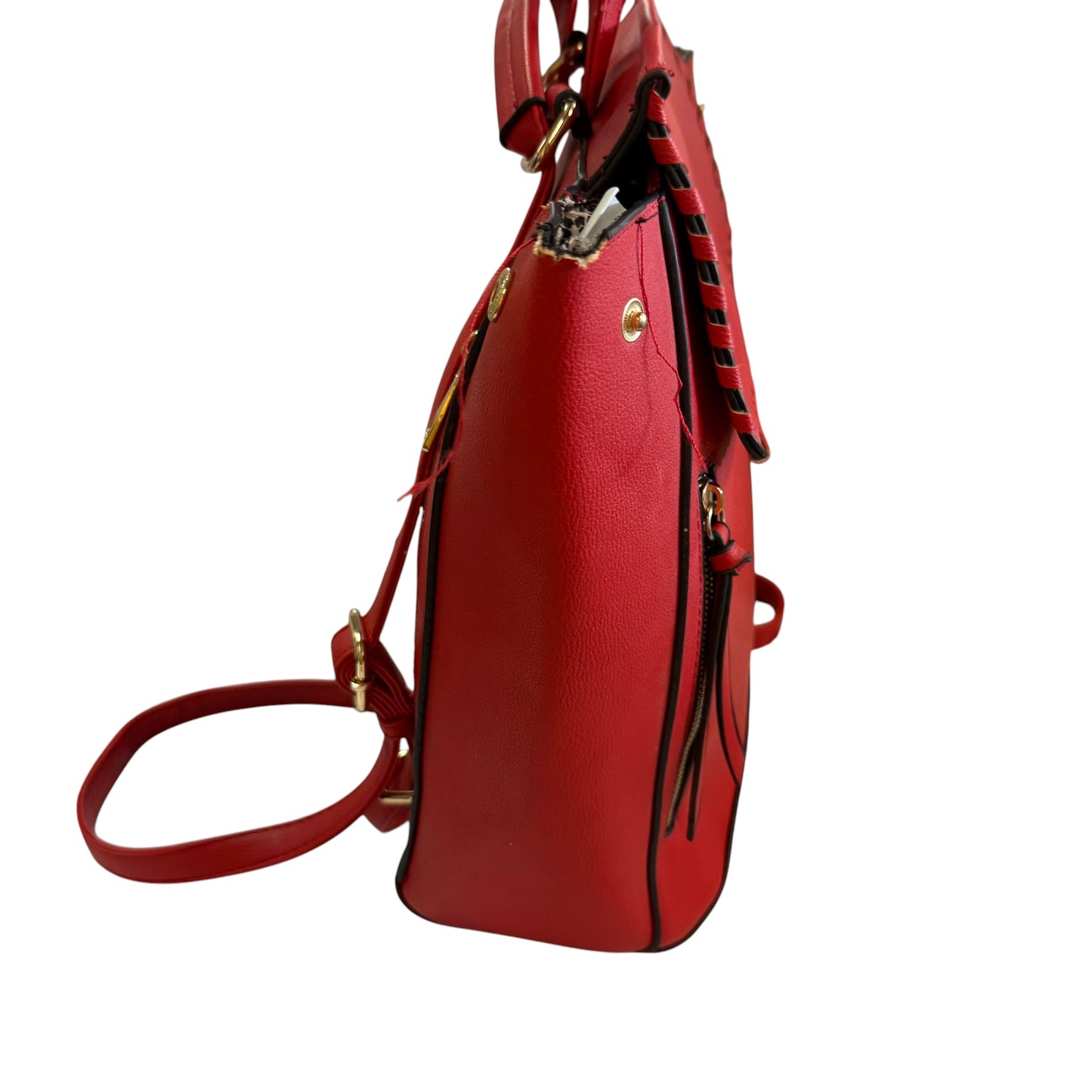 RED FAUX LEATHER BACKPACK W WALLET *DAMAGED 263 OS