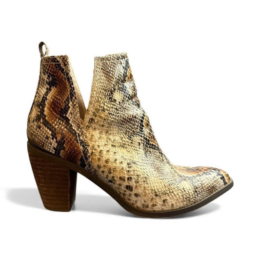VERY VOLATILE BROWN BEIGE SNAKESKIN BOOTIES
SZ 8.5