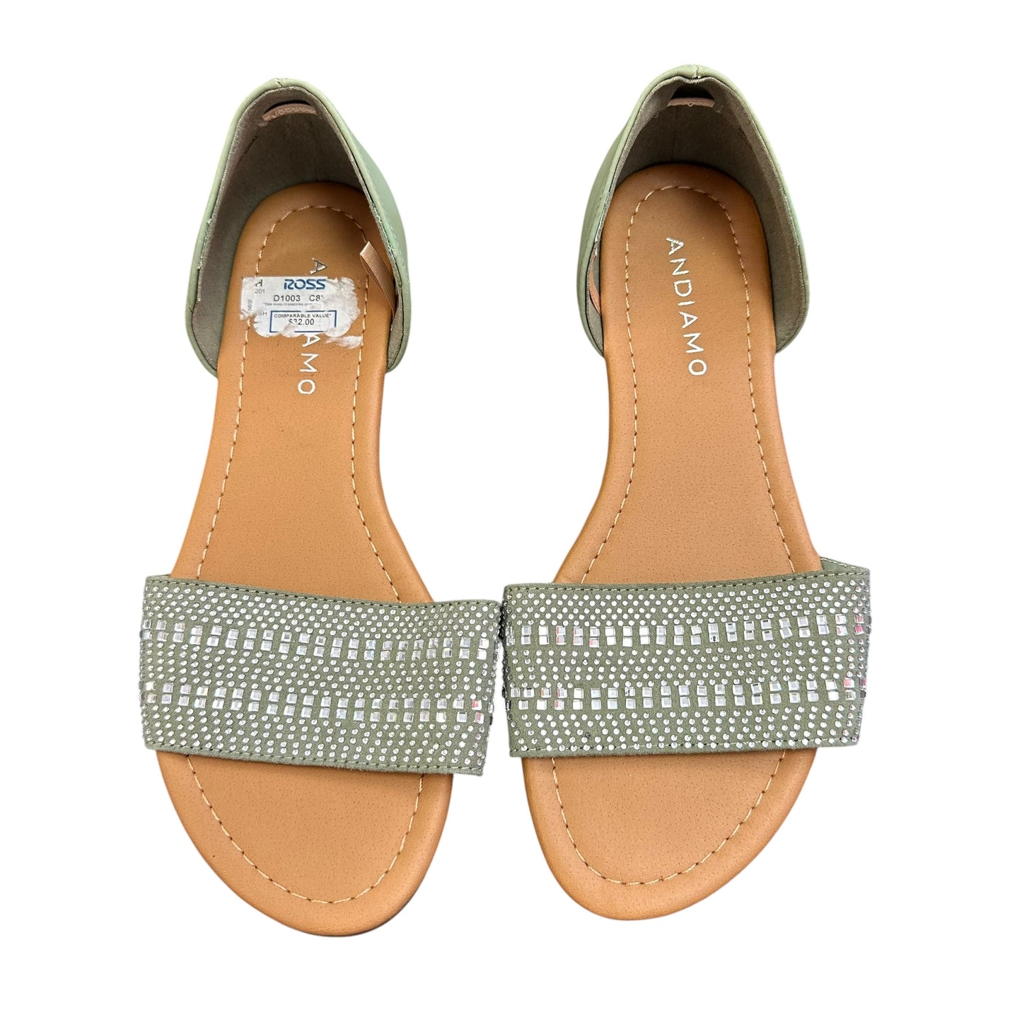 ANDIAMO SAGE GREEN FLAT SANDALS RHINESTONES 72 SZ 6.5