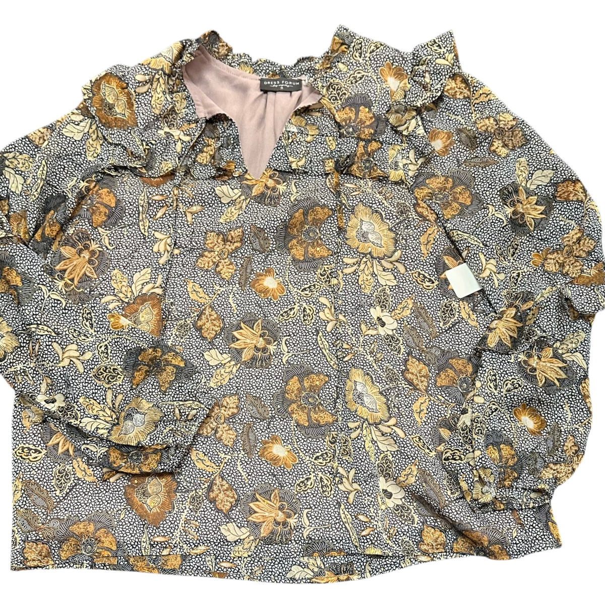 DRESS FORUM BROWN BEIGE FLORAL BLOUSE 14 MEDIUM