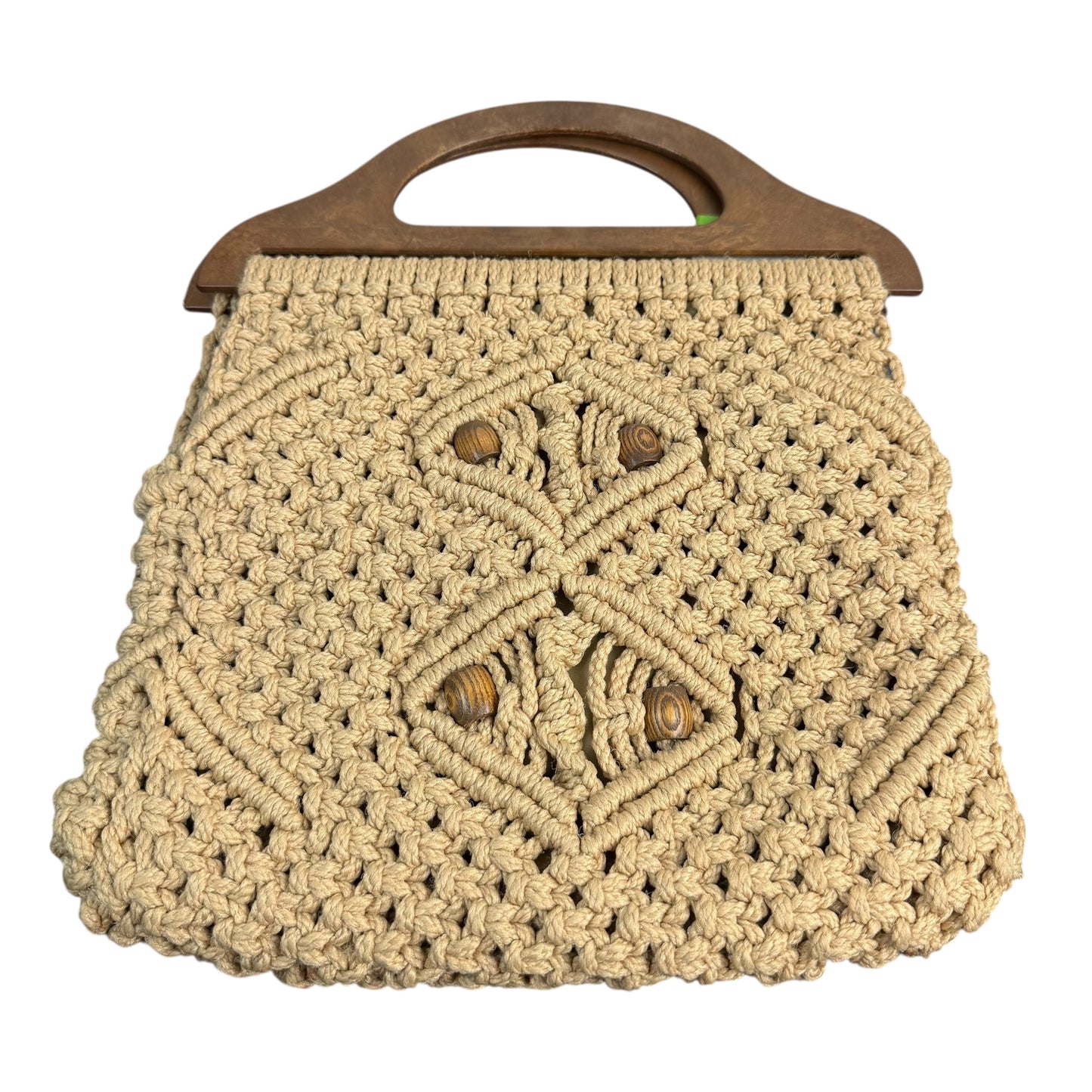 VINTAGE HANDMADE BEIGE MACRAME BAG WOODEN HANDLES BEAD CLAPS 100