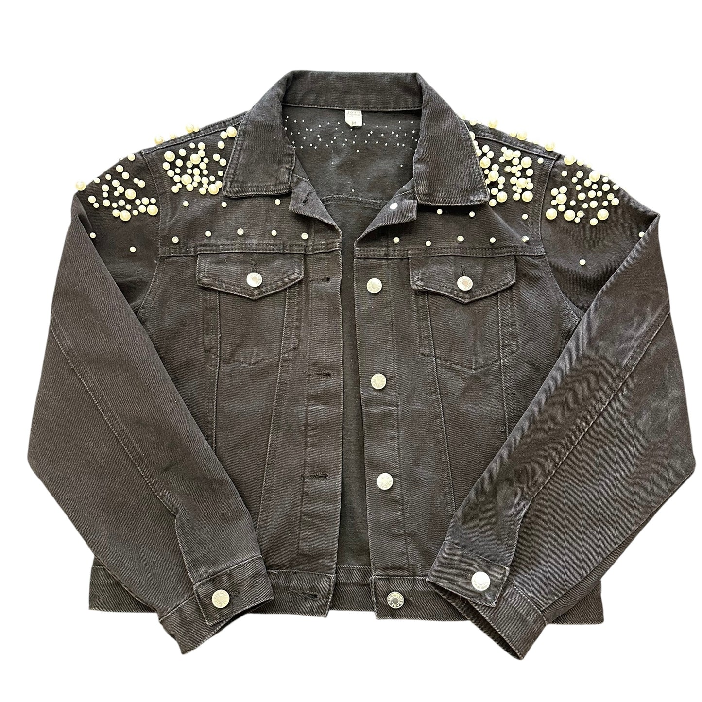 BLACK DENIM JACKET PEARLS RHINESTONE EMBELLISHED 200 MEDIUM