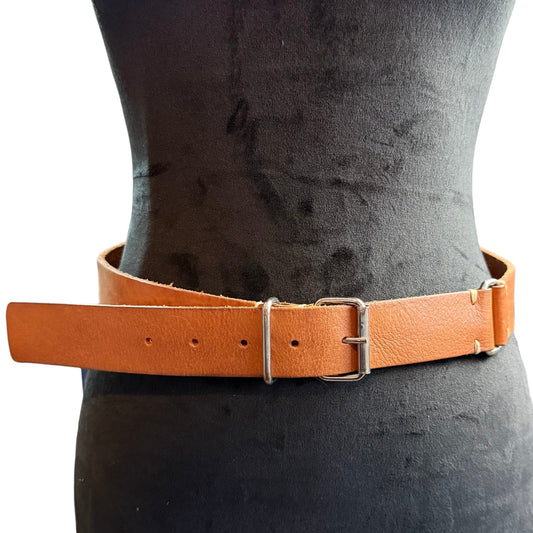 BROWN LEATHER BELT W SILVER TONE HARDWARE 100 SMALL