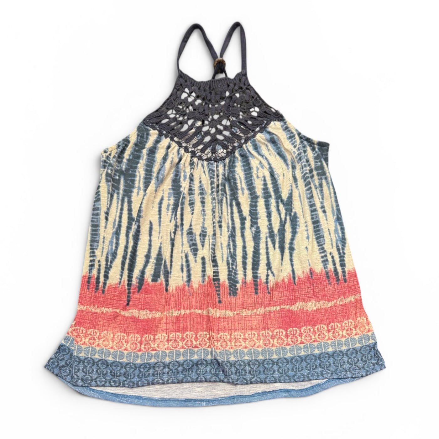 RUE 21 TIE DYE RED NAVY BEIGE CROCHET TANK TOP 164 LARGE