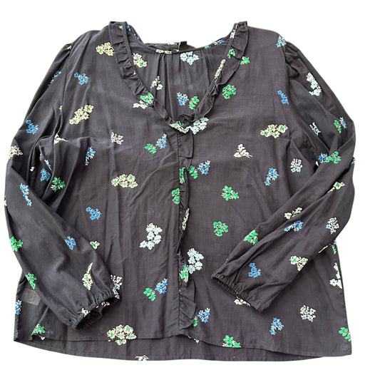 ANN TAYLOR NAVY FLORAL RUFFLE BLOUSE 36 XL