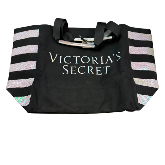 VICTORIA SECRET BLACK CANVAS LARGE TOTE SEQUINS NWT 263 OS