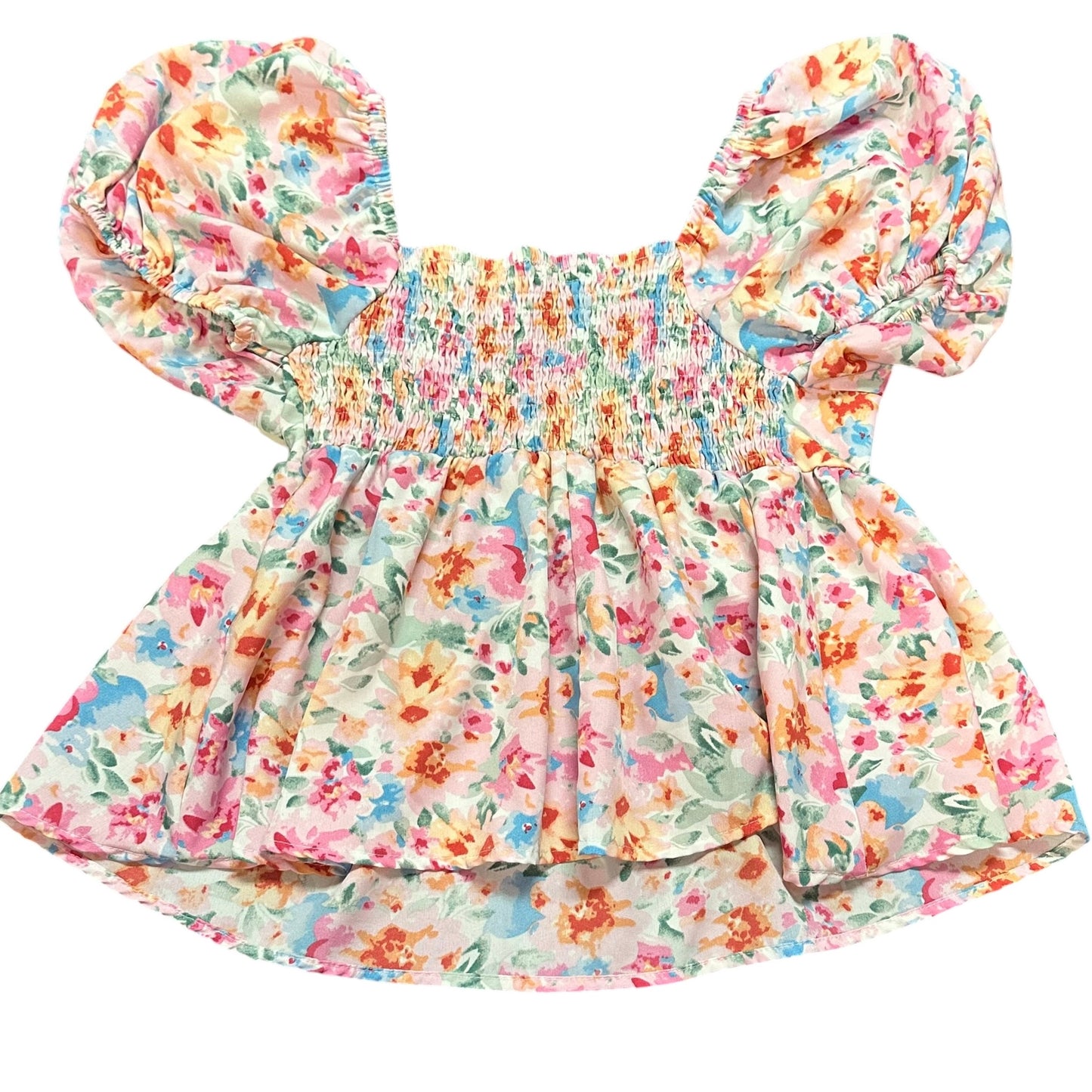 FLORAL BABYDOLL BLOUSE PUFF SLEEVES SMOCKED 263 SMALL