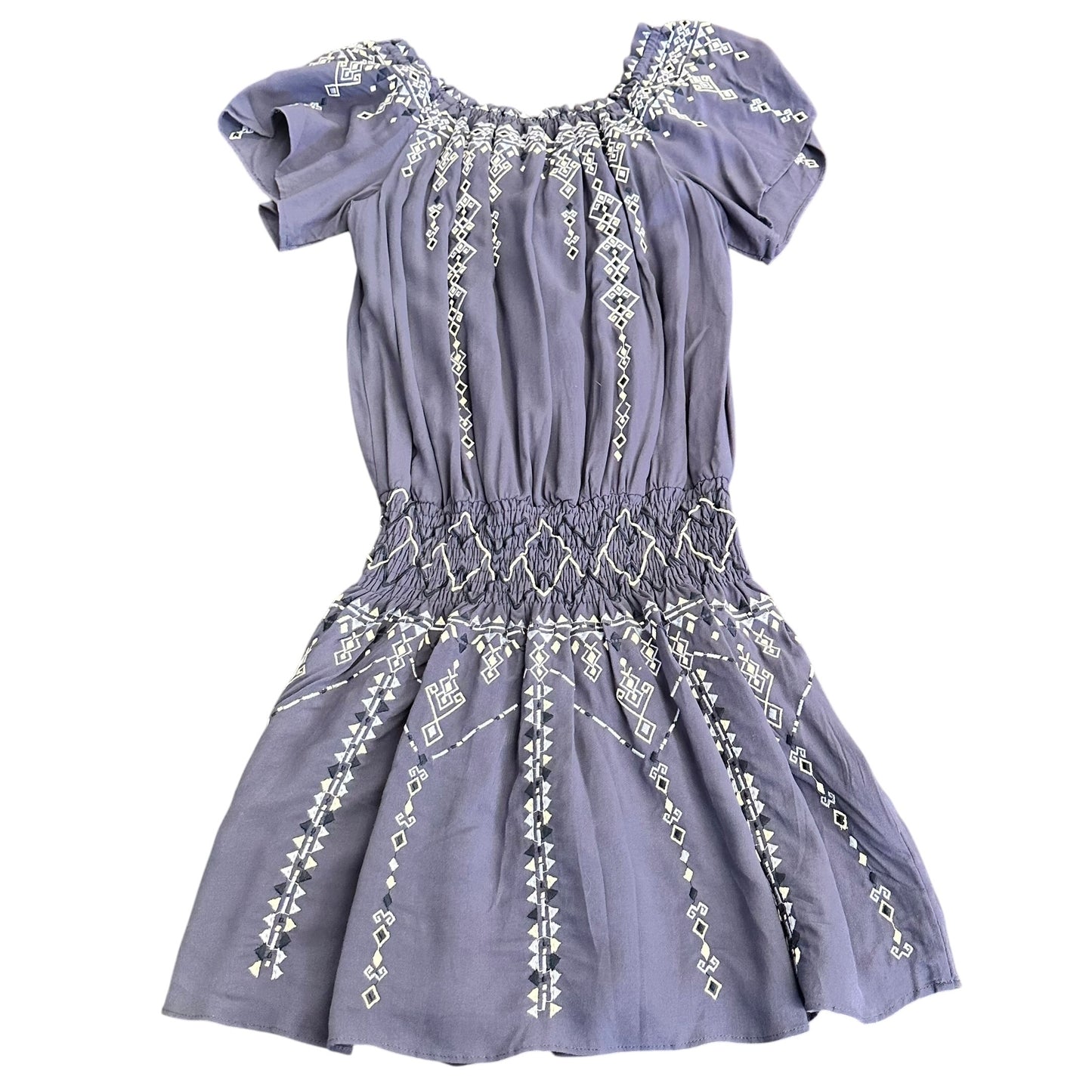 PARKER BLUE EMBROIDERED OFF SHOULDER MINI DRESS 249 XS